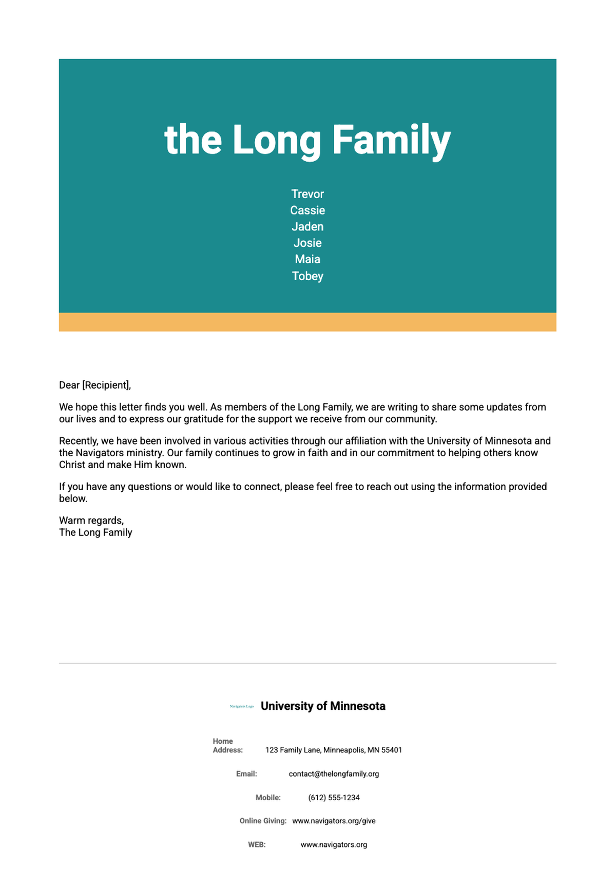 Personalized family letterhead with teal header and Navigators University of Minnesota footer_variant_1
